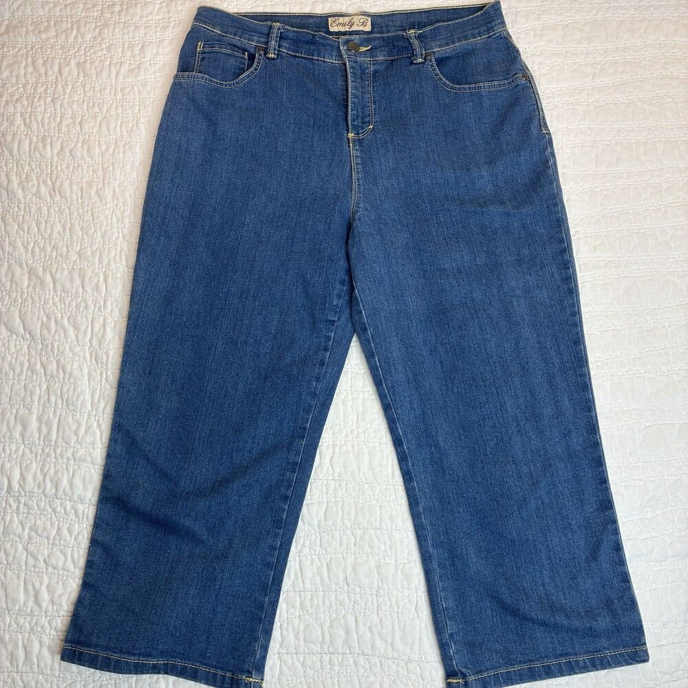 Emily B medium wash denim crop jeans Sz 10 wide leg mid-rise capsule minimalist